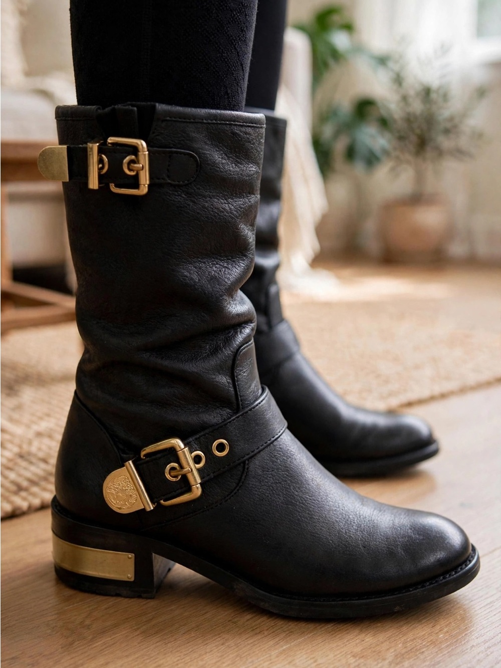 Vince Camuto Black Combat Boots with Gold Accents